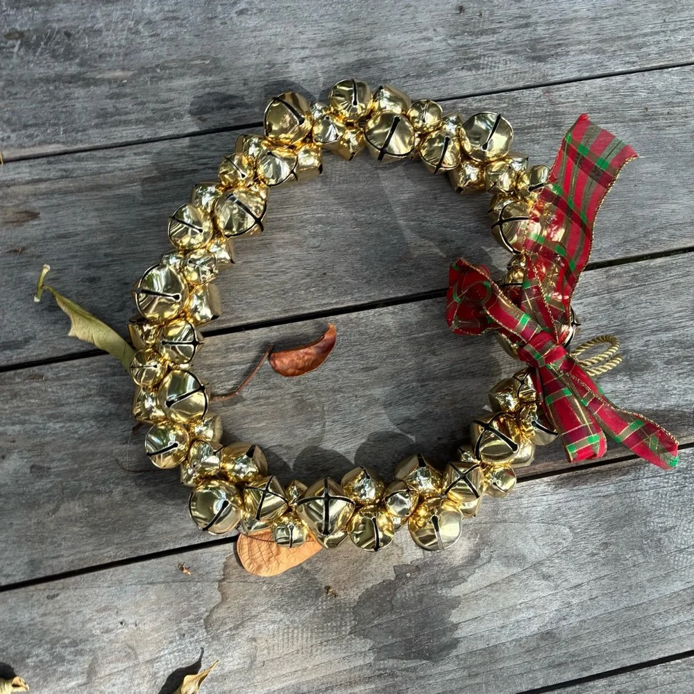 Festive Gold Bell Wreath with Red Plaid Ribbon